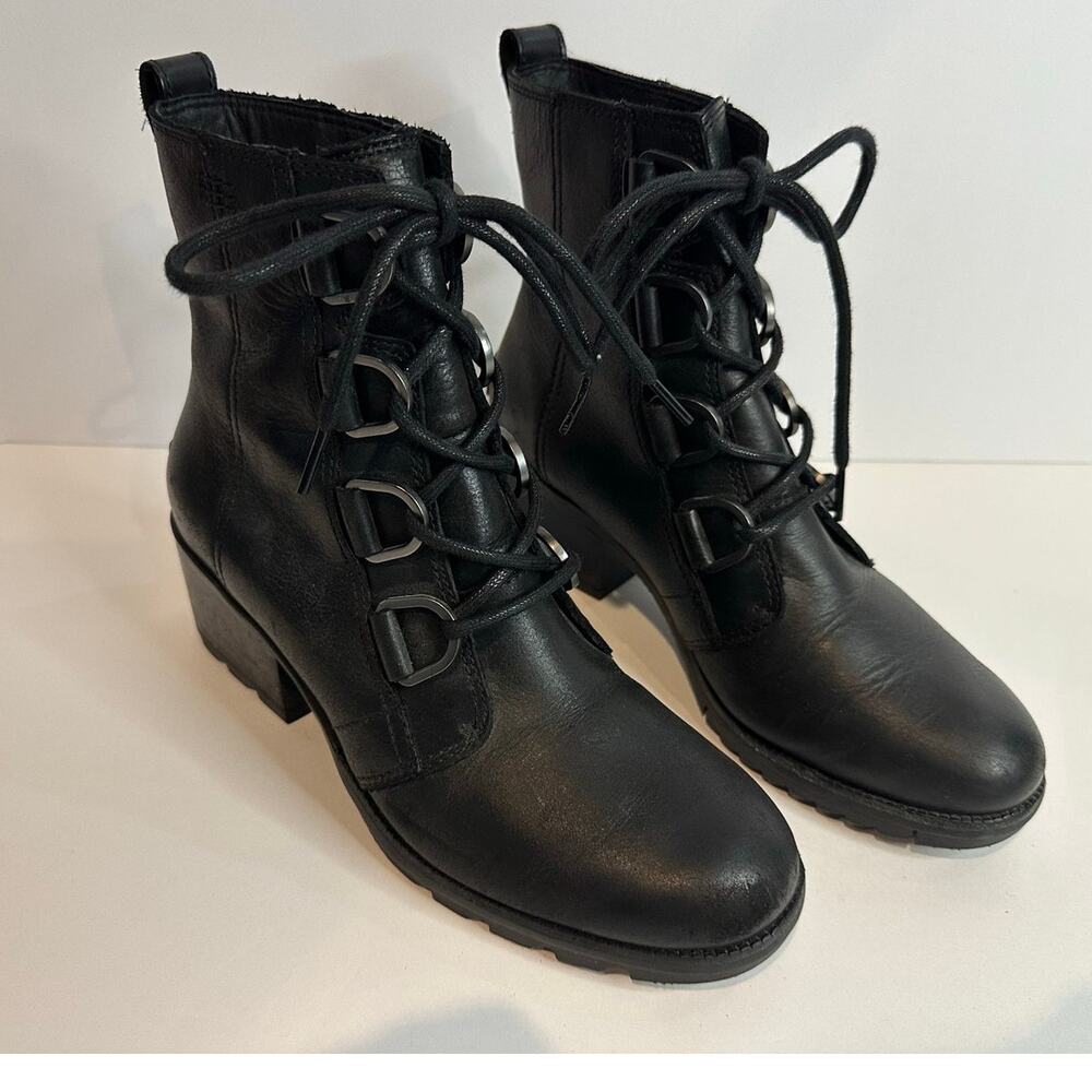 SOREL Cate Leather Lace Up Booties Women's 7.5 Black Stacked Heel Lug Sole